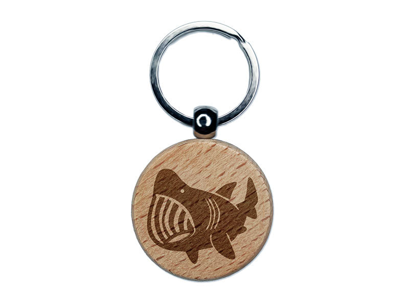 Big Mouth Basking Shark Marine Sea Creature Engraved Wood Round Keychain Tag Charm