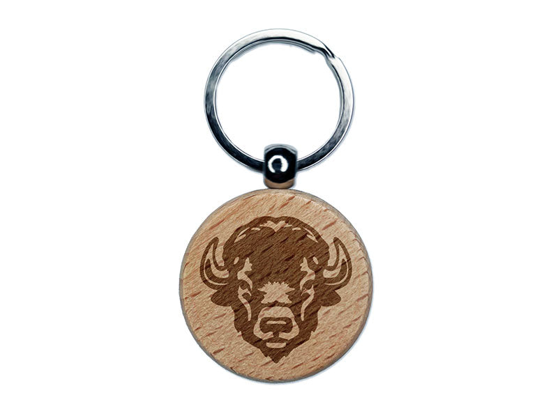 Bison American Buffalo Head Bovine Engraved Wood Round Keychain Tag Charm