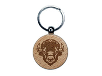 Bison American Buffalo Head Bovine Engraved Wood Round Keychain Tag Charm