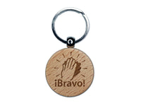 Bravo Clapping Hands Happy Celebration Spanish Engraved Wood Round Keychain Tag Charm