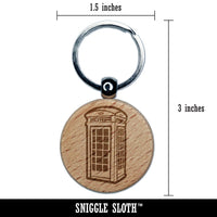 British Phone Booth Telephone Engraved Wood Round Keychain Tag Charm