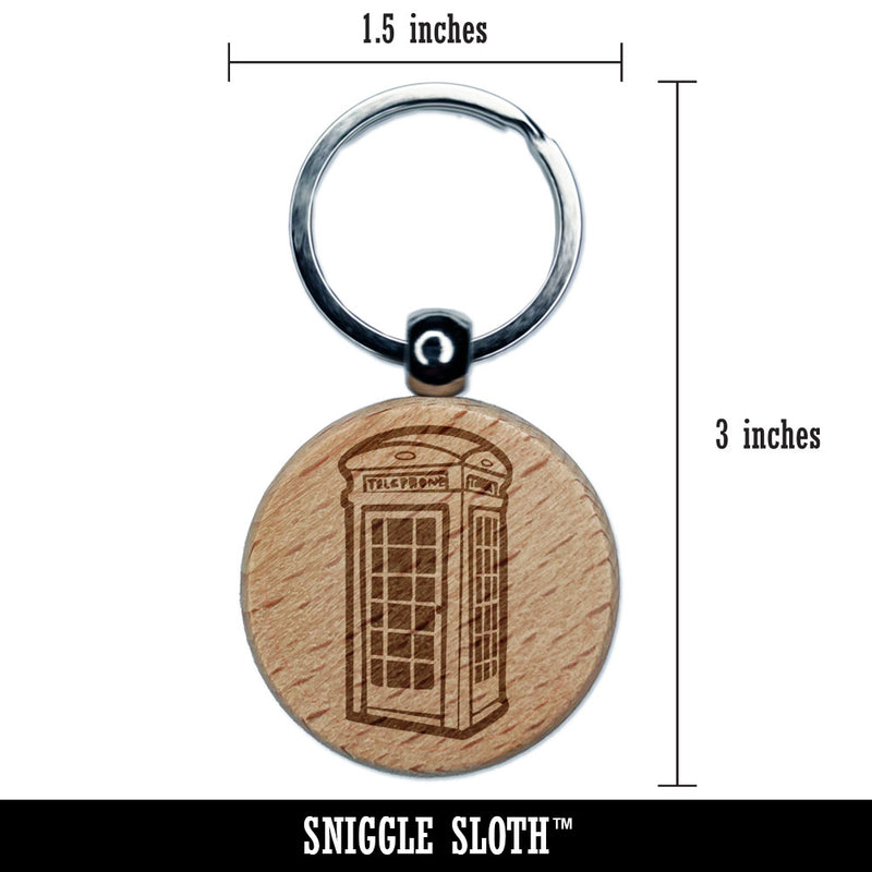 British Phone Booth Telephone Engraved Wood Round Keychain Tag Charm