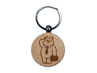 Business Bear Glasses Suitcase Tie Engraved Wood Round Keychain Tag Charm