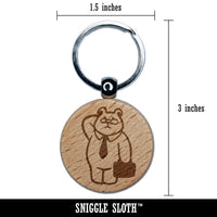 Business Bear Glasses Suitcase Tie Engraved Wood Round Keychain Tag Charm