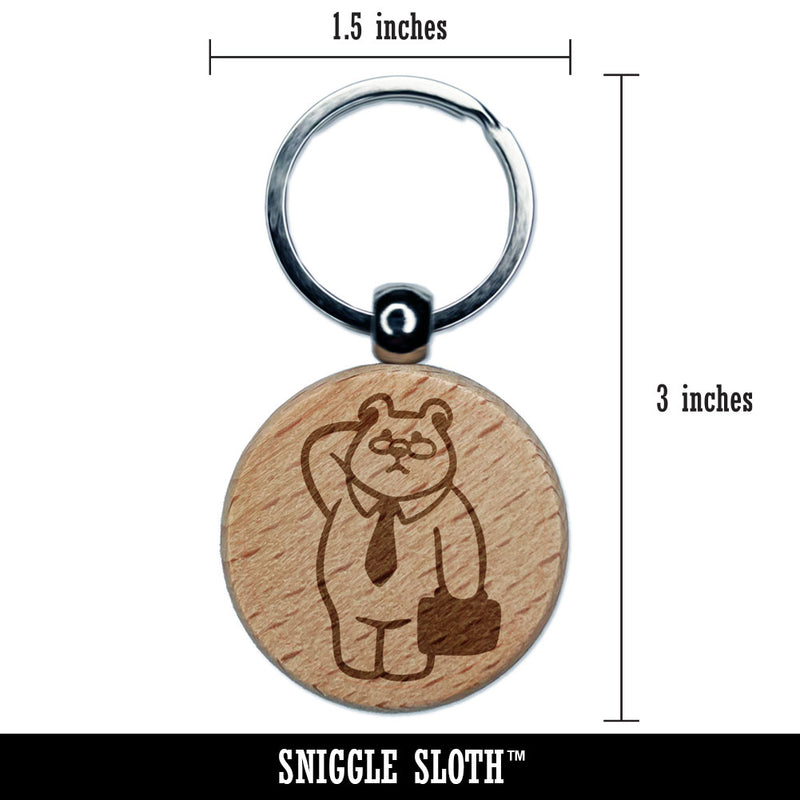 Business Bear Glasses Suitcase Tie Engraved Wood Round Keychain Tag Charm