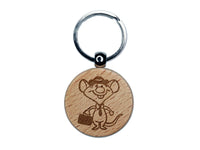 Business Rat Mouse with Hat and Suitcase Tie Engraved Wood Round Keychain Tag Charm