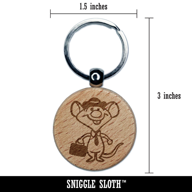 Business Rat Mouse with Hat and Suitcase Tie Engraved Wood Round Keychain Tag Charm