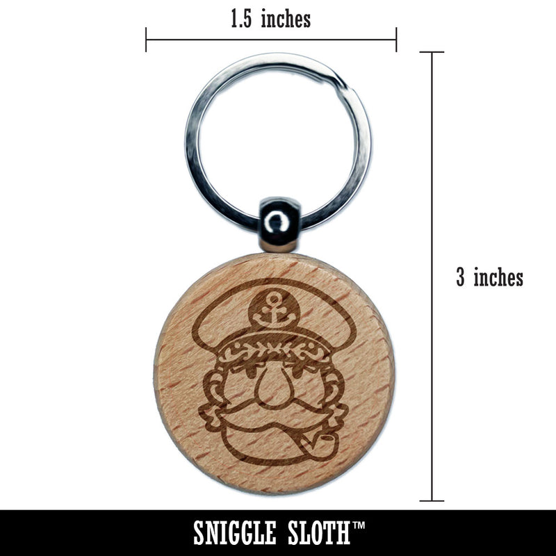 Captain with Hat and Pipe Engraved Wood Round Keychain Tag Charm