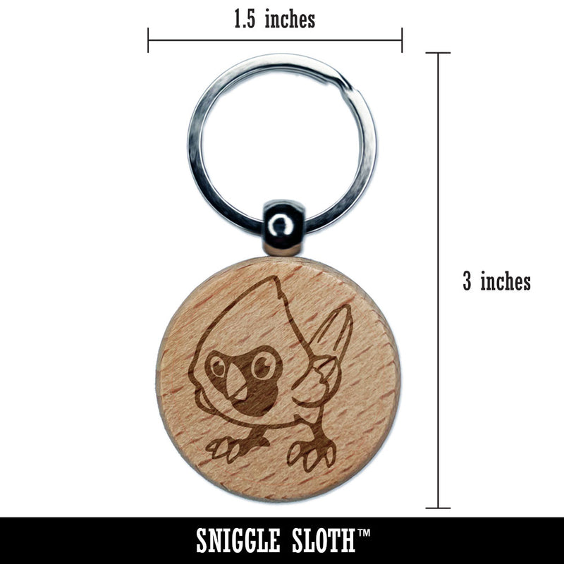 Cartoon Cardinal Bird Curious Engraved Wood Round Keychain Tag Charm