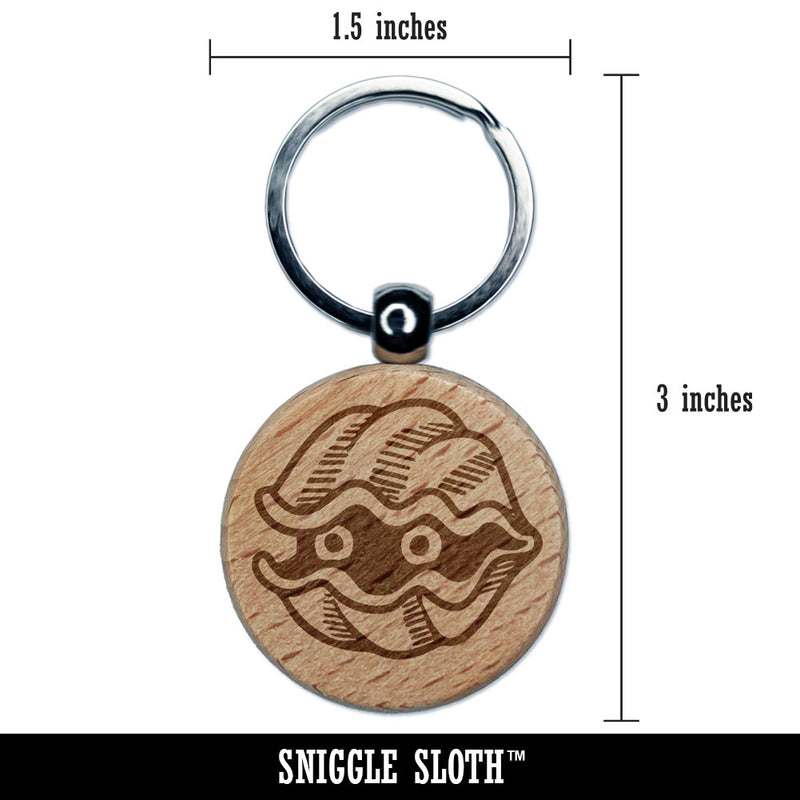 Cartoon Clam Shell Shellfish Peeking Engraved Wood Round Keychain Tag Charm