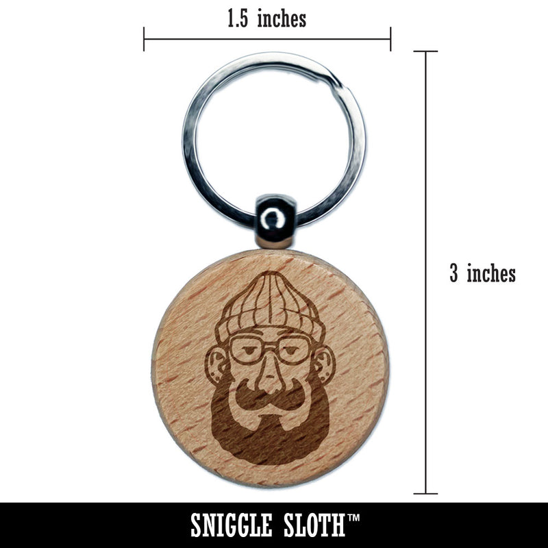 Cartoon Hipster Beard Beanie Glasses Hippy Engraved Wood Round Keychain Tag Charm