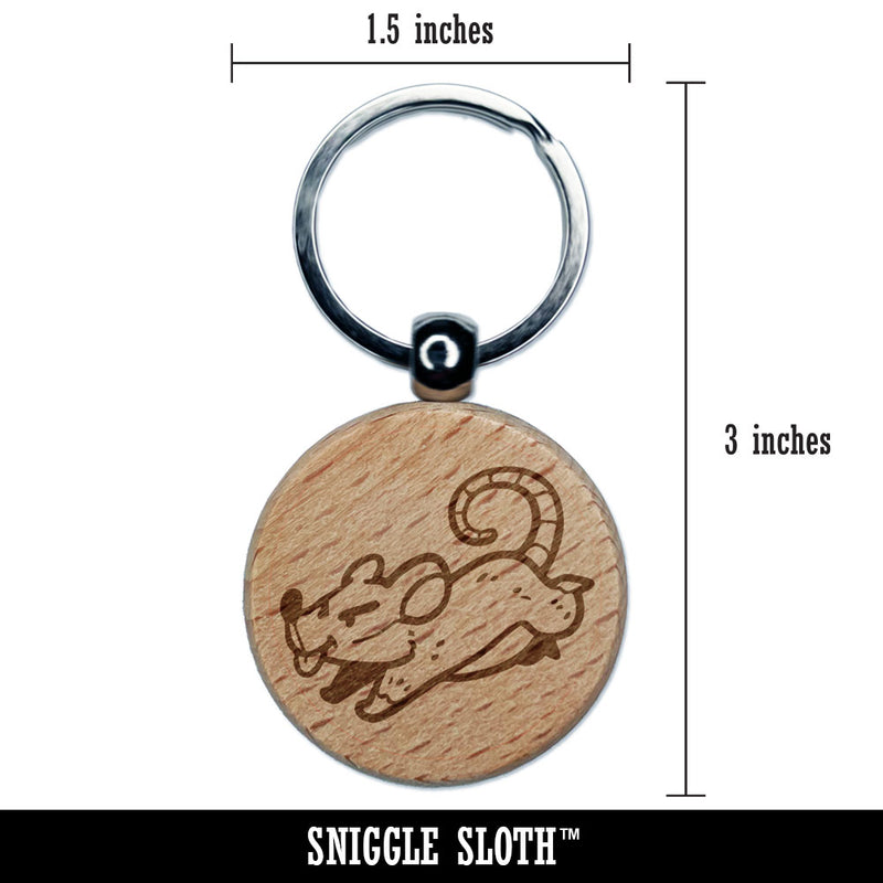 Cartoon Running Rat Rodent Mouse Engraved Wood Round Keychain Tag Charm