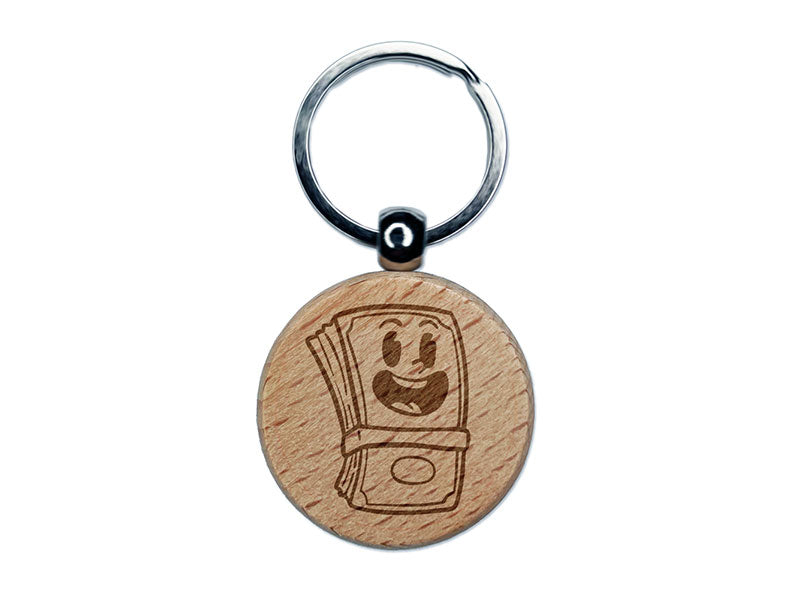 Cartoon Stack of Money Cash Happy Dollar Bill Engraved Wood Round Keychain Tag Charm
