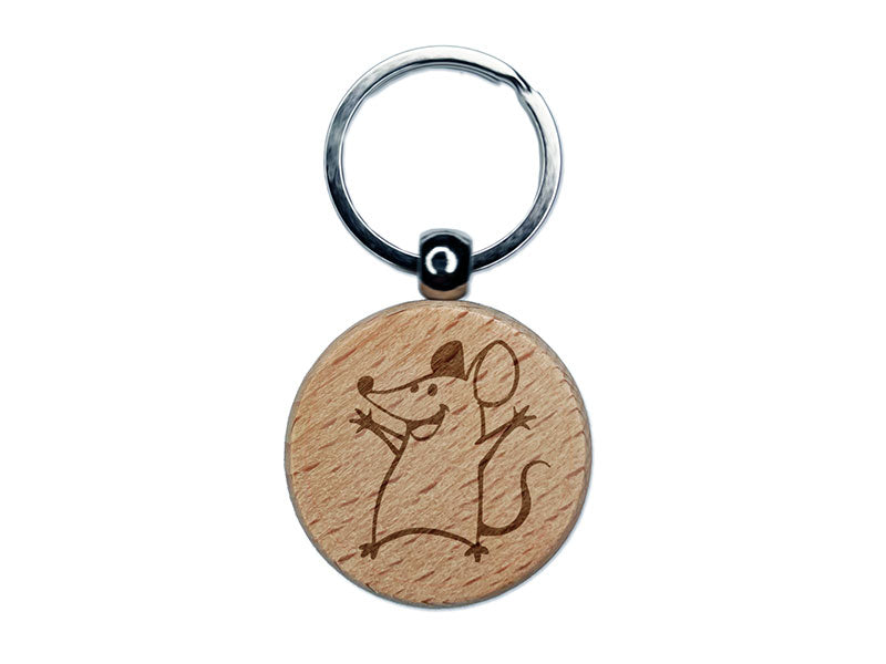 Cheering Happy Cartoon Mouse Engraved Wood Round Keychain Tag Charm