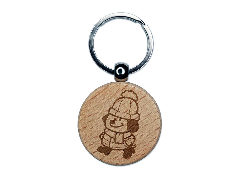 Chilly Cartoon Dog Winter Jacket Beanie Hat Engraved Wood Round Keychain Tag Charm