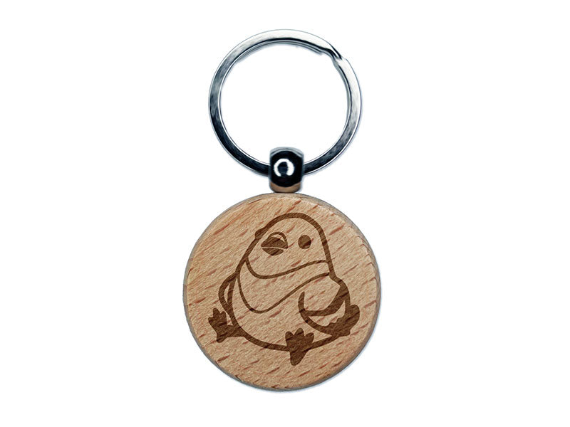 Chubby Pigeon Bird Sitting Engraved Wood Round Keychain Tag Charm