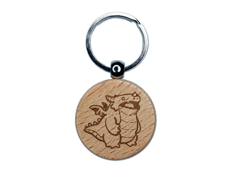 Chunky Fat Dragon Kaiju Monster Engraved Wood Round Keychain Tag Charm
