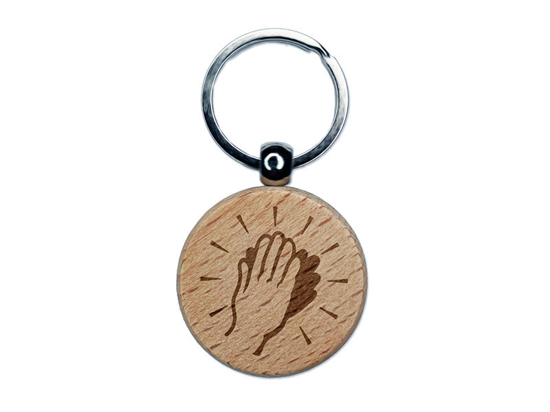 Clapping Hands Happy Celebration Engraved Wood Round Keychain Tag Charm