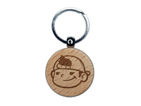 Cool Kid Boy With Backwards Hat Baseball Cap Engraved Wood Round Keychain Tag Charm