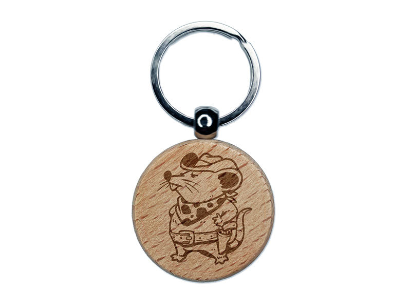 Cowboy Rat Mouse Western with Hat Bandana Engraved Wood Round Keychain Tag Charm