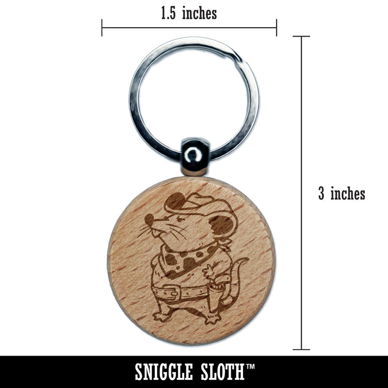 Cowboy Rat Mouse Western with Hat Bandana Engraved Wood Round Keychain Tag Charm