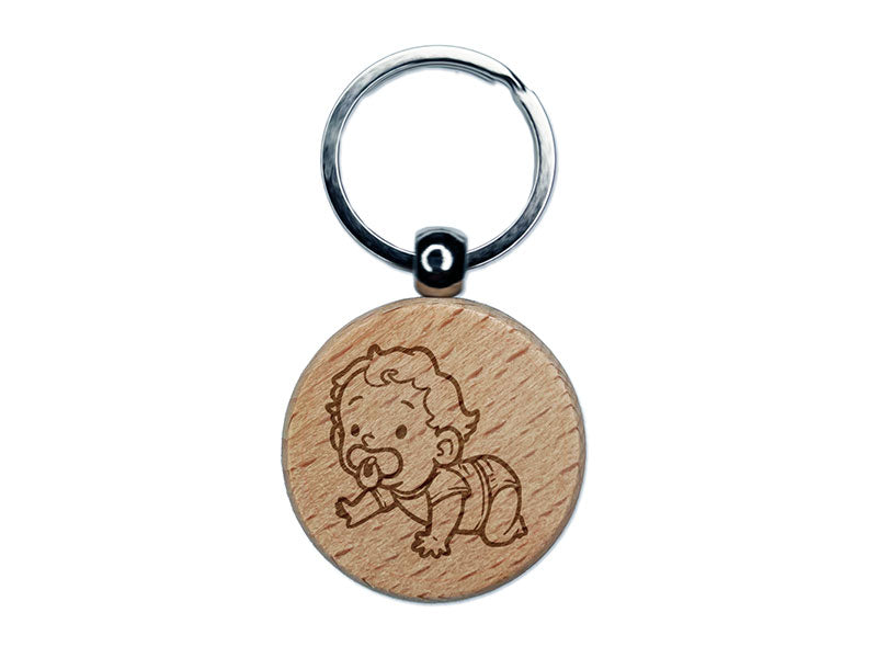 Crawling Baby Pacifier Diaper Toddler Child Engraved Wood Round Keychain Tag Charm