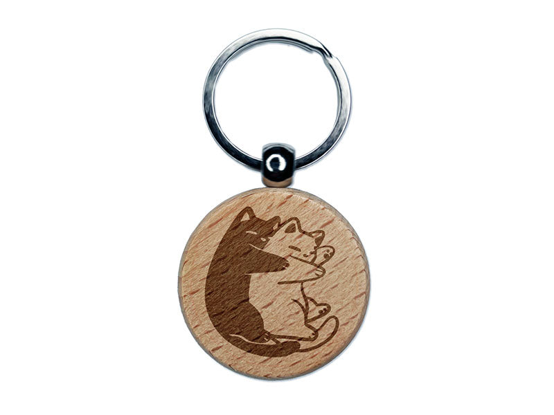 Cuddling Cats Hug Pets Cute Engraved Wood Round Keychain Tag Charm