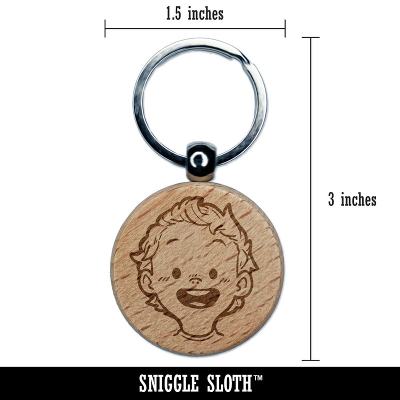 Cute Baby Boy Smile Cartoon Engraved Wood Round Keychain Tag Charm