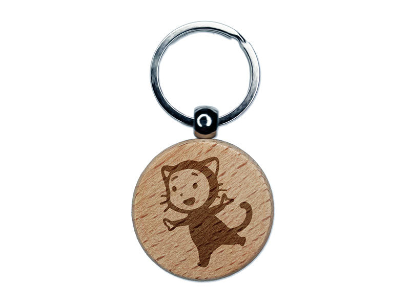 Cute Baby Child in Cat Costume Halloween Engraved Wood Round Keychain Tag Charm