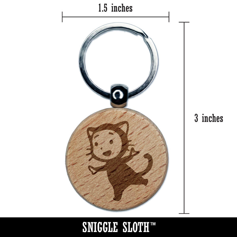 Cute Baby Child in Cat Costume Halloween Engraved Wood Round Keychain Tag Charm