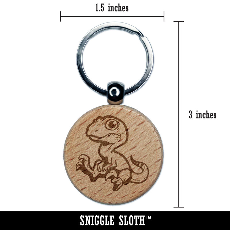 Cute Baby Velociraptor Dinosaur Engraved Wood Round Keychain Tag Charm