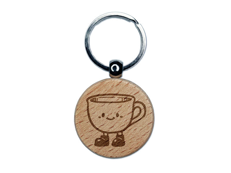 Cute Cartoon Tea Cup with Shoes Engraved Wood Round Keychain Tag Charm
