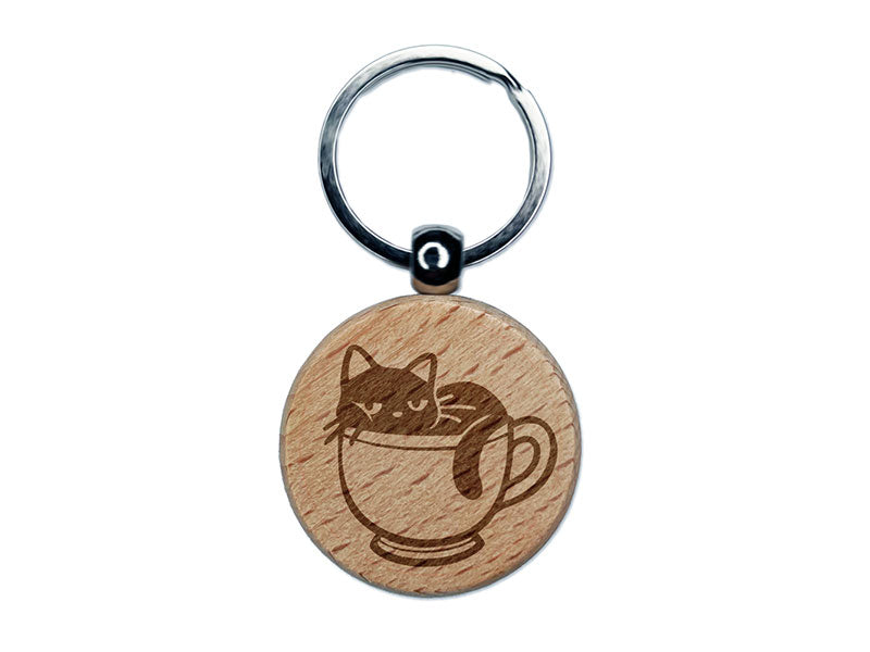 Cute Cat Sleeping In Tea Cup Engraved Wood Round Keychain Tag Charm