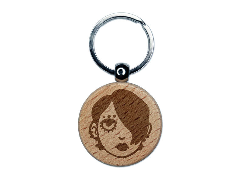 Emo Goth Woman Head Person Engraved Wood Round Keychain Tag Charm