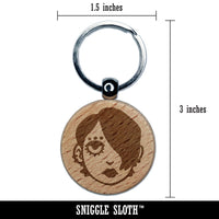 Emo Goth Woman Head Person Engraved Wood Round Keychain Tag Charm