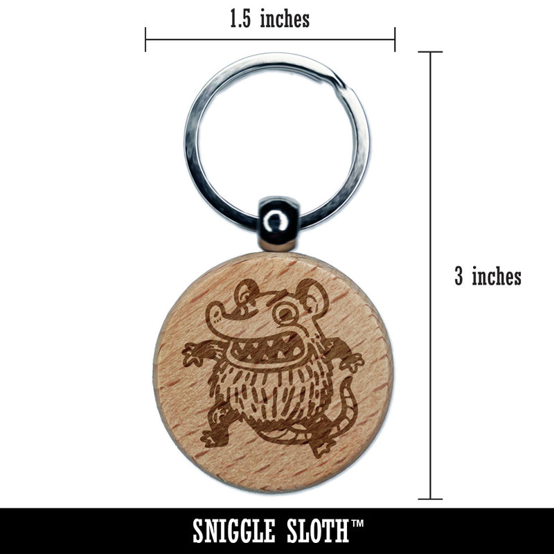 Feral Opossum Cartoon Trouble Creature Engraved Wood Round Keychain Tag Charm