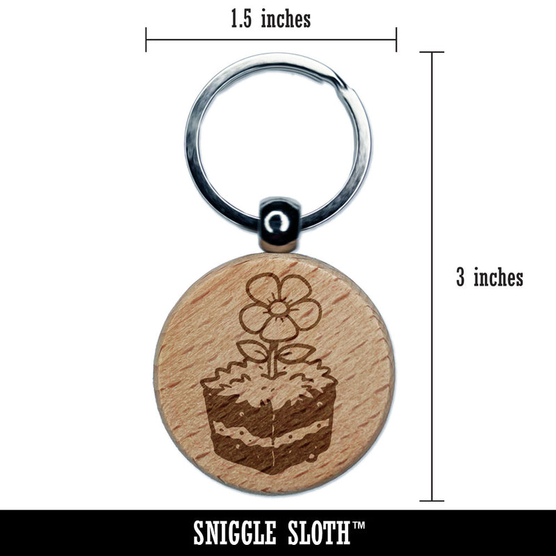 Flower Cube Block Dirt Earth Ground Garden Engraved Wood Round Keychain Tag Charm