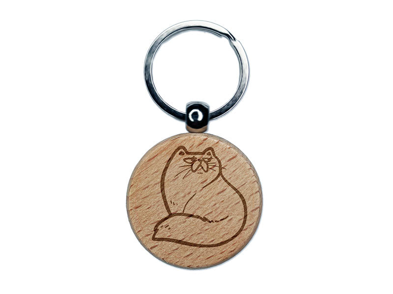 Fluffy Snob Cat Persian Smooshed Face Engraved Wood Round Keychain Tag Charm
