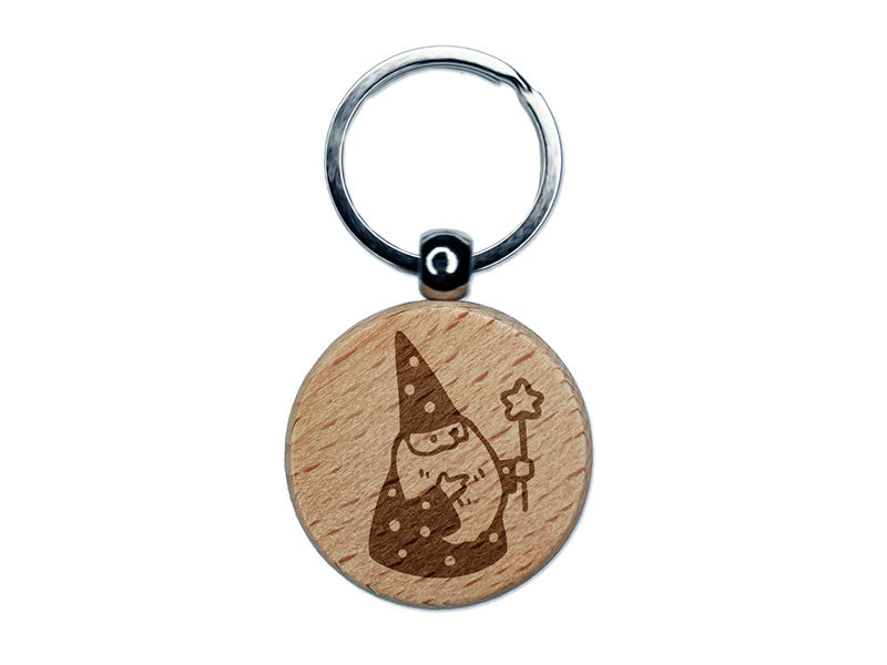 Gnome Wizard Beard Want Pointy Hat Engraved Wood Round Keychain Tag Charm
