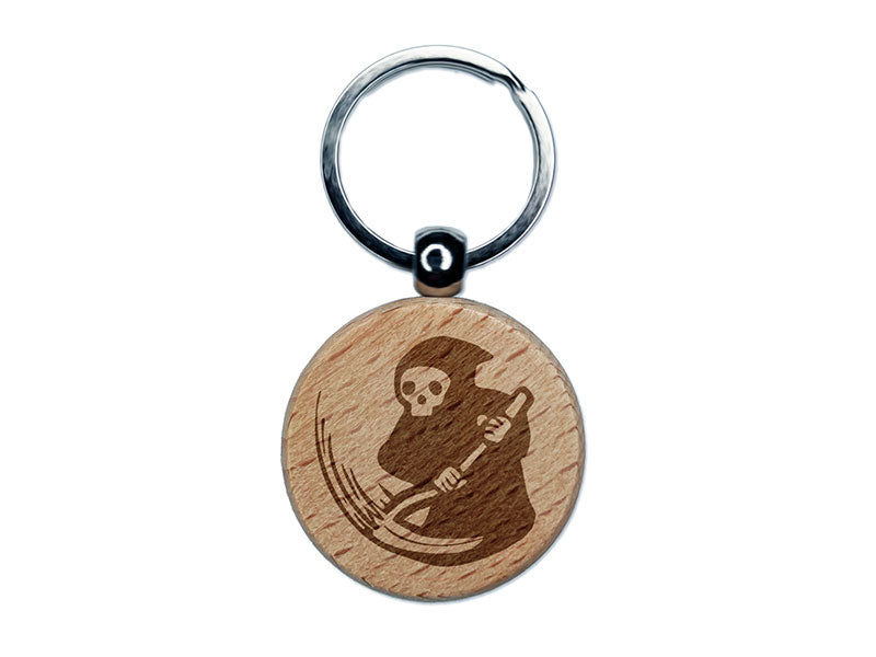 Grim Reaper Reaping with Scythe Skeleton Death Engraved Wood Round Keychain Tag Charm
