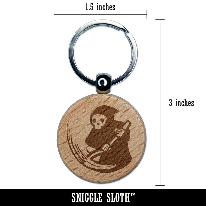 Grim Reaper Reaping with Scythe Skeleton Death Engraved Wood Round Keychain Tag Charm