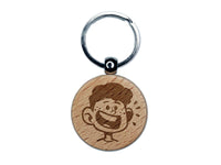 Happy Cartoon Boy Smile Freckles Engraved Wood Round Keychain Tag Charm