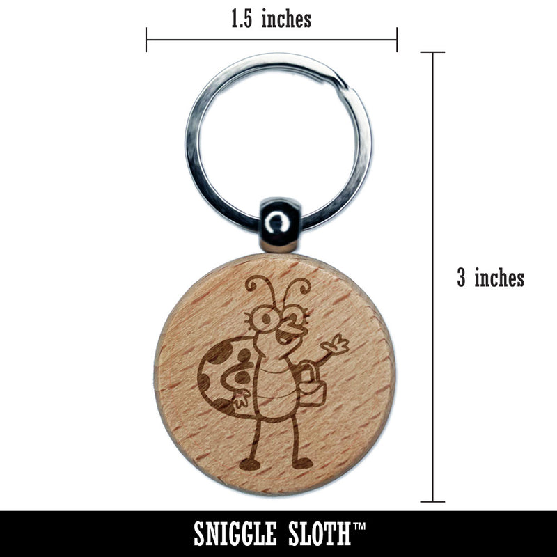 Lady Ladybug Insect with Purse Engraved Wood Round Keychain Tag Charm