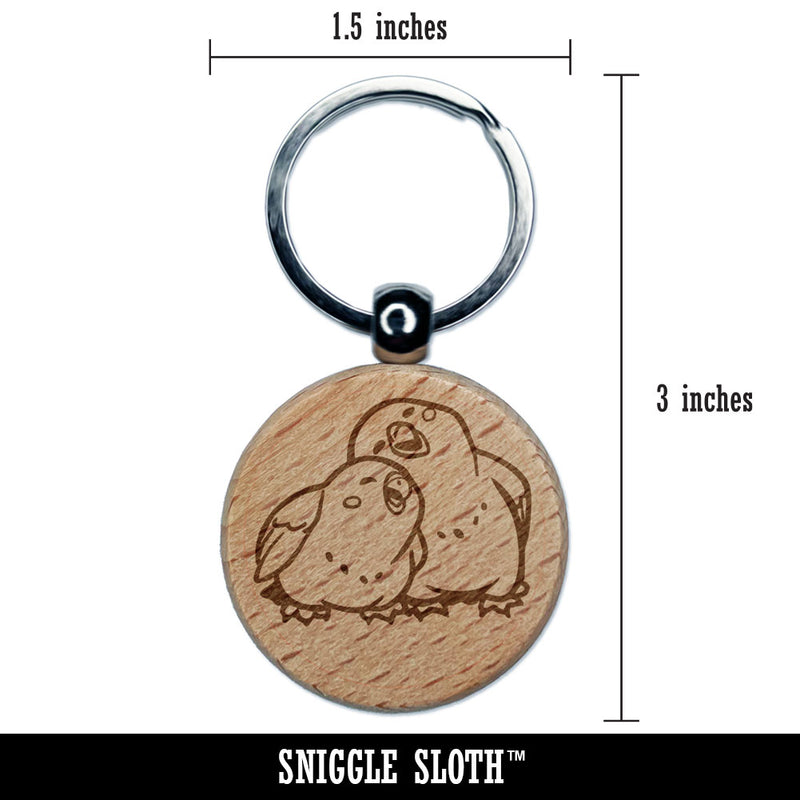 Lovebirds Cuddling Snuggling Together Love Affection Engraved Wood Round Keychain Tag Charm