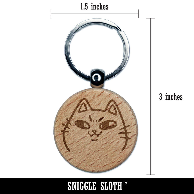 Mischievous Cat Smile Face Trouble Engraved Wood Round Keychain Tag Charm