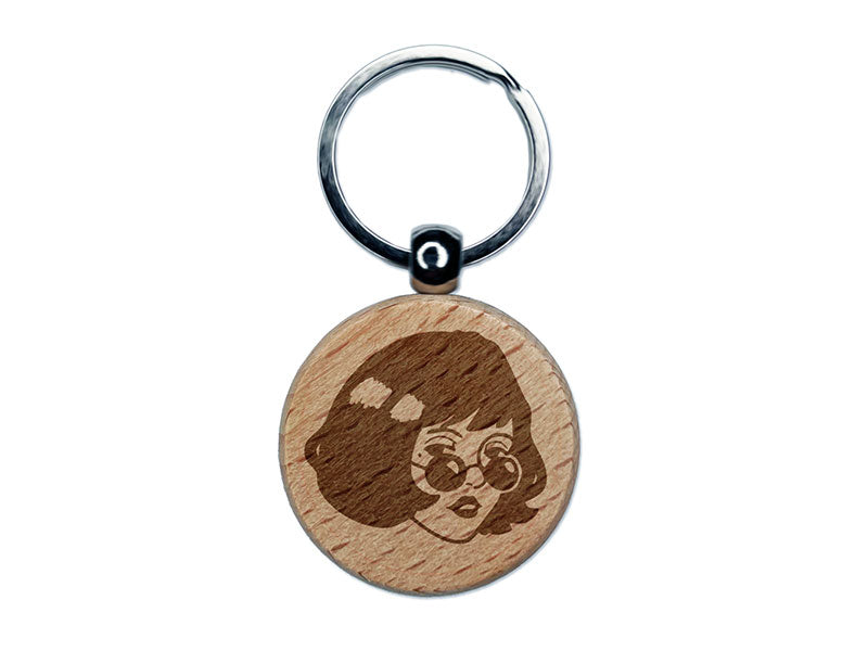 Mysterious Woman with Sunglasses Looking Engraved Wood Round Keychain Tag Charm