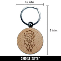 Old Elderly Lady Grandma Cardigan Sweater Glasses Engraved Wood Round Keychain Tag Charm