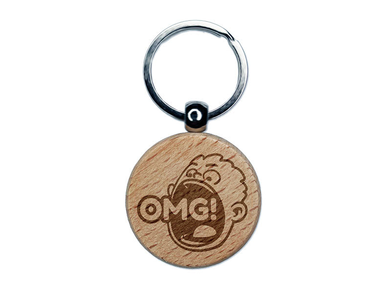 OMG Oh My God Big Mouth Boy Shout Engraved Wood Round Keychain Tag Charm