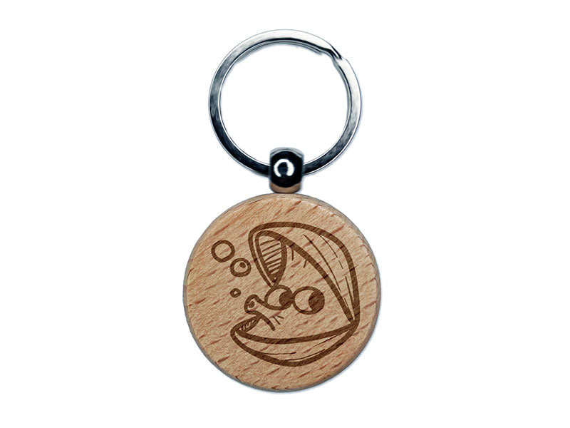 Open Cartoon Clam Blowing Bubbles Shellfish Engraved Wood Round Keychain Tag Charm