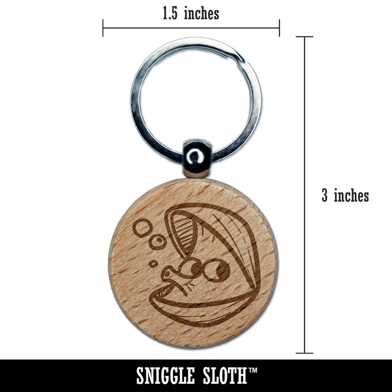 Open Cartoon Clam Blowing Bubbles Shellfish Engraved Wood Round Keychain Tag Charm